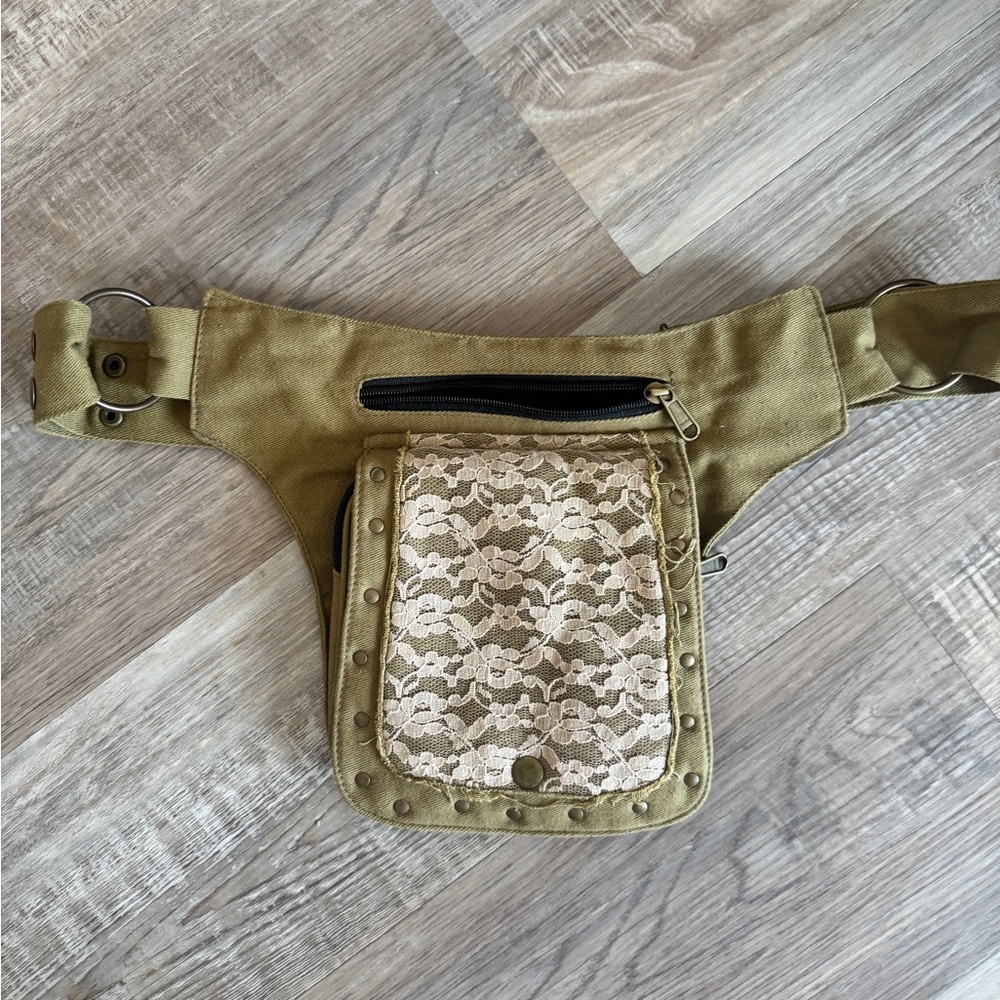 Fanny pack Canvas Tote with Lace Detail Olive Green Color crossbody adjustable